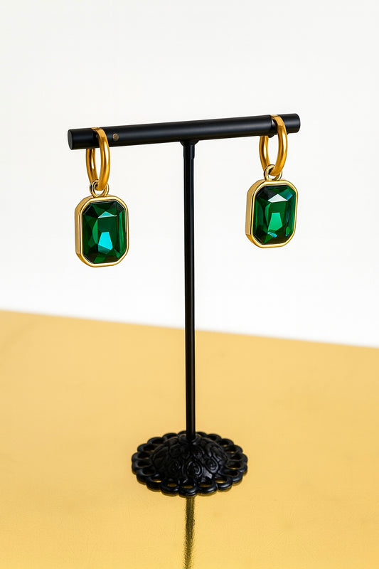 18K Gold Plated Stainless Steel Hoop Earrings with Emerald Green & White Cubic Zirconia – Hypoallergenic