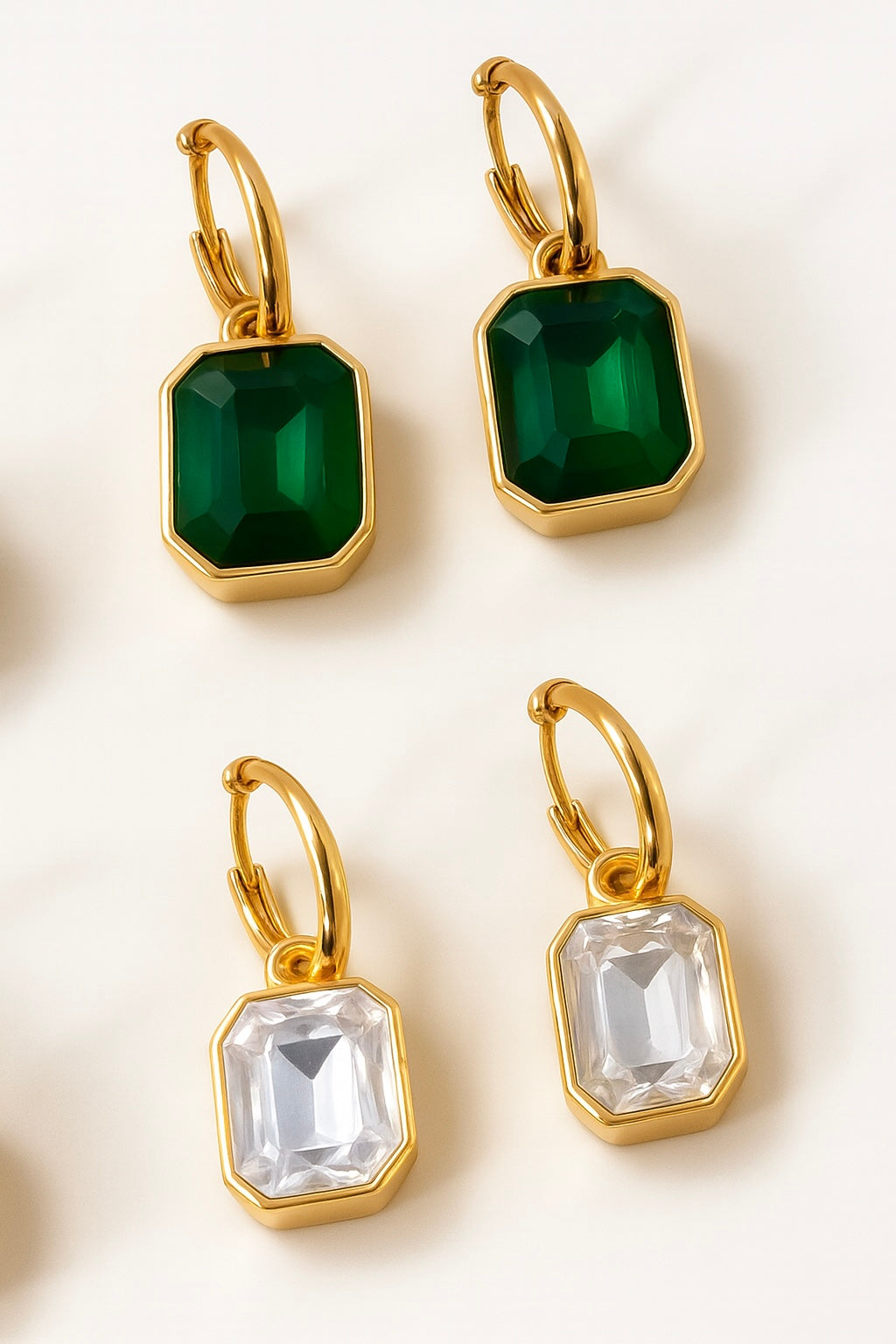 18K Gold Plated Stainless Steel Hoop Earrings with Emerald Green & White Cubic Zirconia – Hypoallergenic