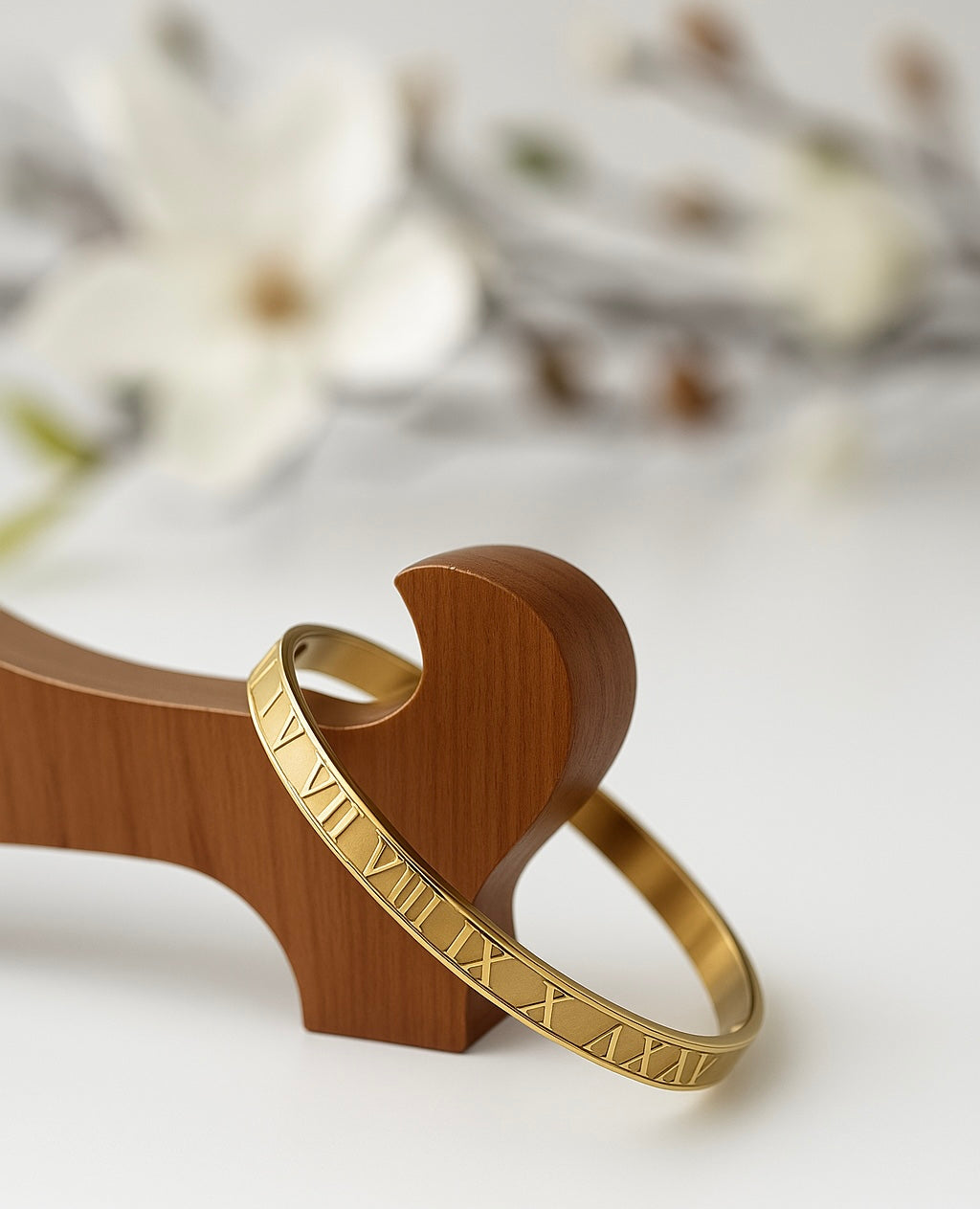 18K Gold Plated Roman Numeral Bangle – Stainless Steel, Hypoallergenic, Tarnish-Free (2.6 inch / 6 cm)